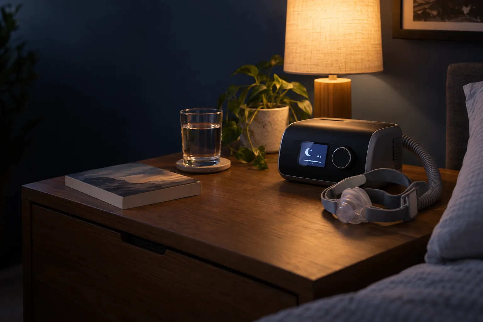 Illustration of a PAP machine and mask on a softly lit bedside table